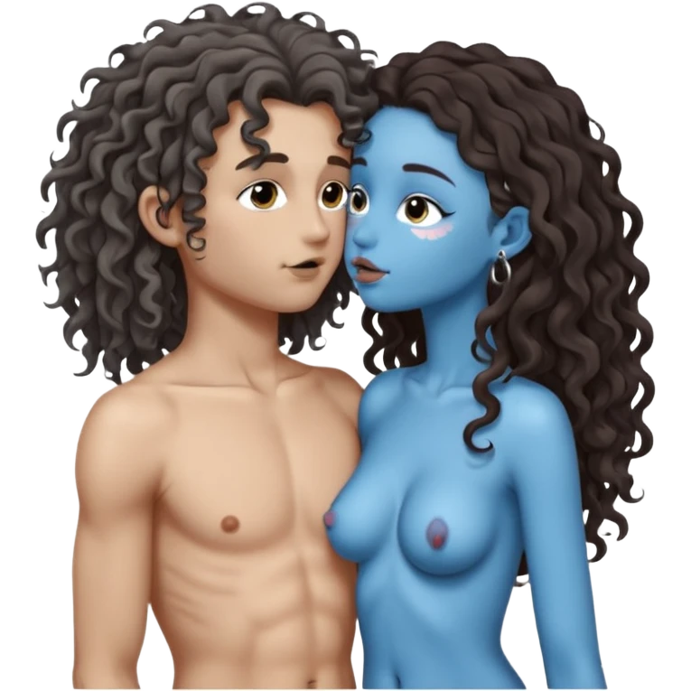 naked white skined girl with long littlebit curly hair dark brown hair and septum piercing  with beautifull skinny body  mid size breast and beautiful dark gray and bblue eys without clothes  septum poercing on nose kissing white boy with not too long light brown hair emoji