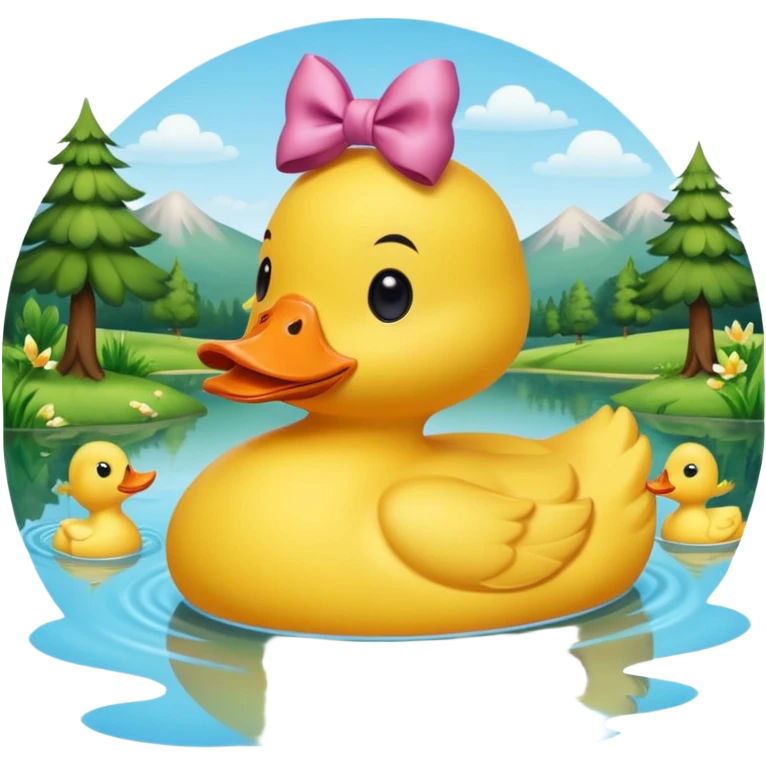 a yellow duck with a bow on its head in a lake surrounded by nature emoji
