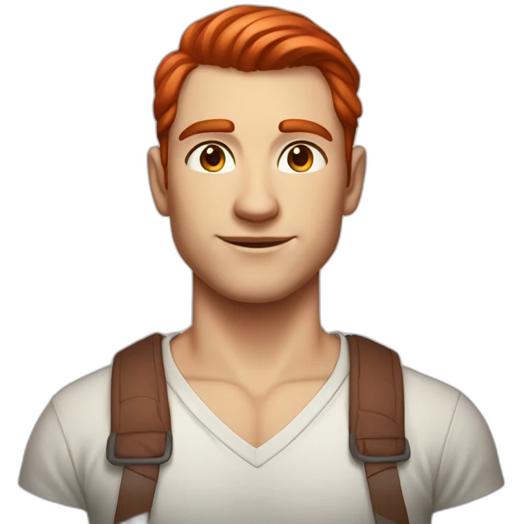 a tall, athletic, attractive young man with fair skin, long red hair tied in a ponytail and scarlet eyes. emoji