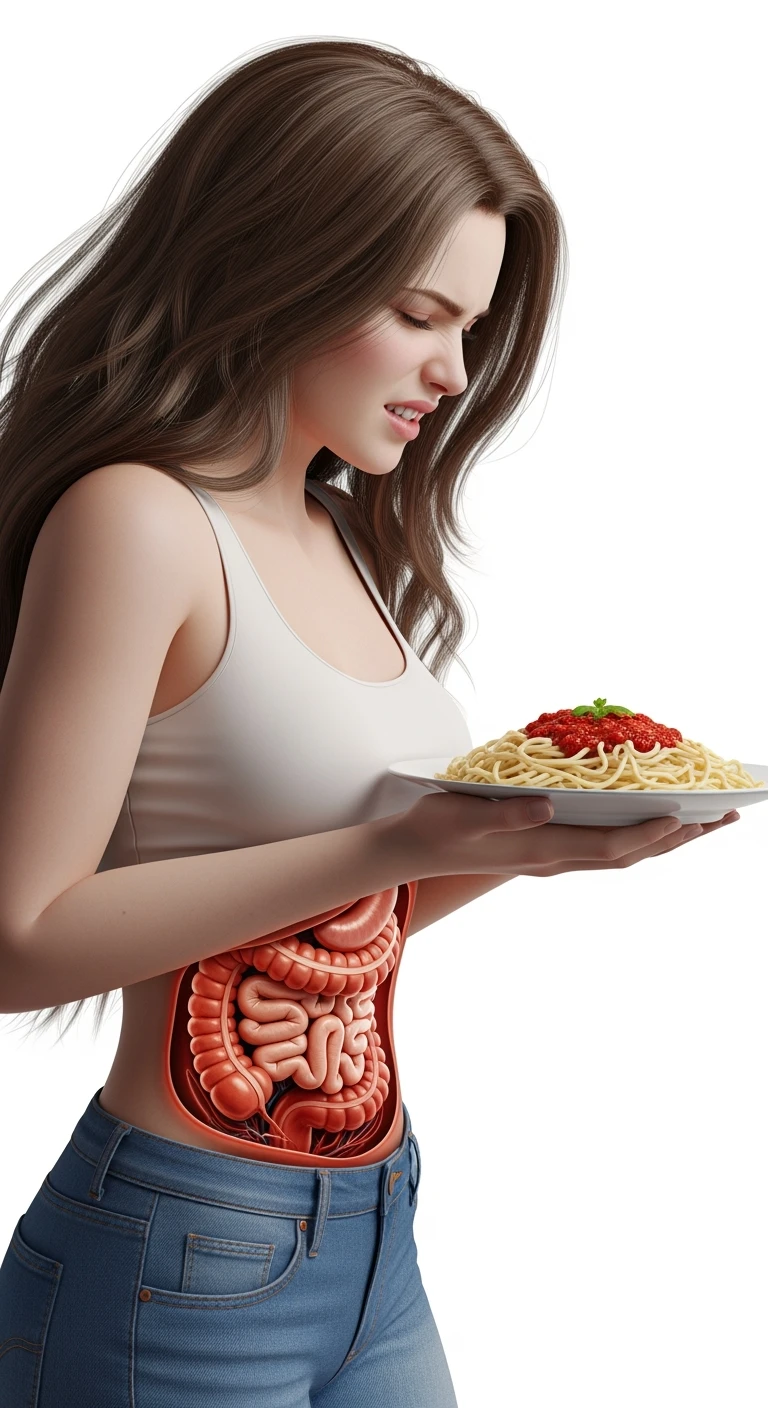 DONNA CON INTESTINO UMANO ANATOMICO REALISTICO IN EVIDENZA E MAL DI PANCIA MENTRE TIENE IN MANO UN PIATTO DI PASTA , IPERREALISTICO 4K, ISOLATO SU SFONDO BIANCO emoji