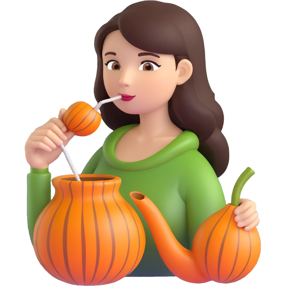 brunette woman drinking mate from a gourd with a bombilla straw emoji