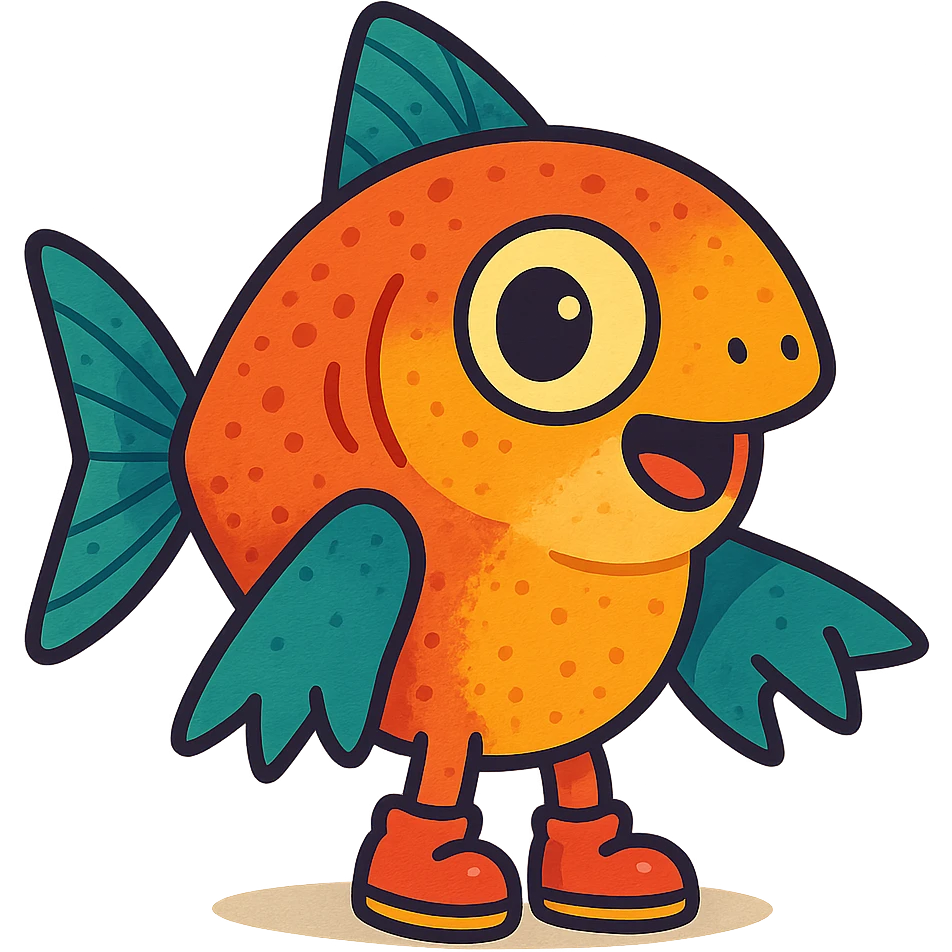 small cute funny cartoon animal with shark-like hands and fish-like features, wearing tiny shoes, bright colors, detailed textures, playful and curious expression emoji