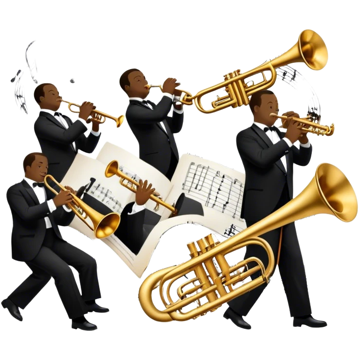 Icon for Jazz Music: collage of Louis Armstrong with his trumpet and Glenn Miller with his orchestra. Silhouettes of musicians, brass instruments, and musical notes. The design should convey the classic, smooth vibe of jazz. Transparent background. emoji