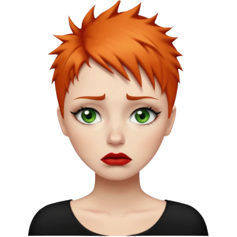 Short spikey Ginger hair, green eyes, black long eye lashes large red lips White woman very sad crying  emoji
