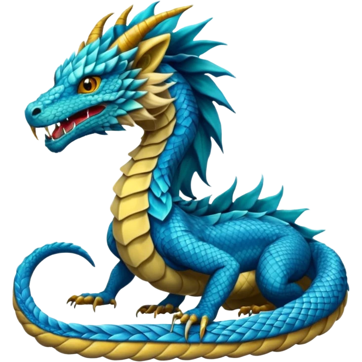 Mušḫuššu, mythic hybrid: blue or turquoise dragon-snake body, lion mane, lion forelegs, eagle talons, horned dragon head, lizard tail, ancient and regal emoji