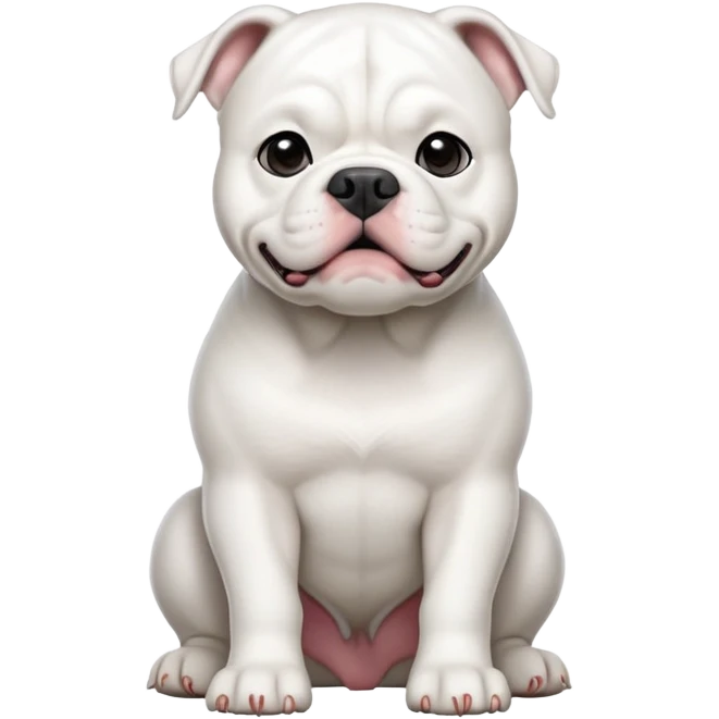 cinematic-[solid white american bulldog]-realistic-full-body-sitting-emoji,-tail-resting-loosely-beside-its-paws,-head-tilted-dramatically,-sleek-[solid white]-fur,-simplified-yet-realistic-focused-features,-highly-detailed,-glowing-with-an-almost-sarcastic-glow emoji