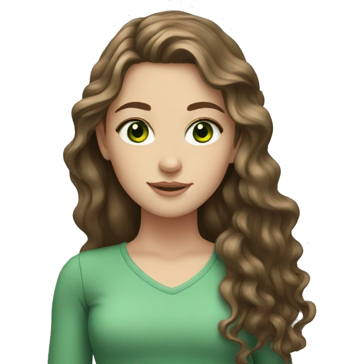 white girl with long wavy brown hair with very green eyes emoji