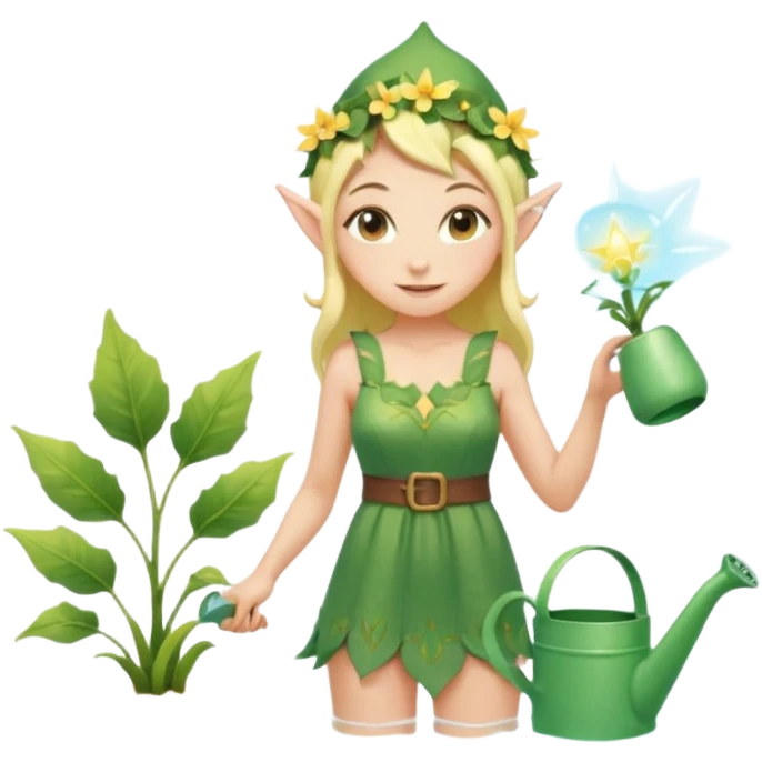 elf female tending to glowing beach plants, floral sundress, watering can or magic light, pointy ears, gentle smile, centered emoji, pastel magic emoji