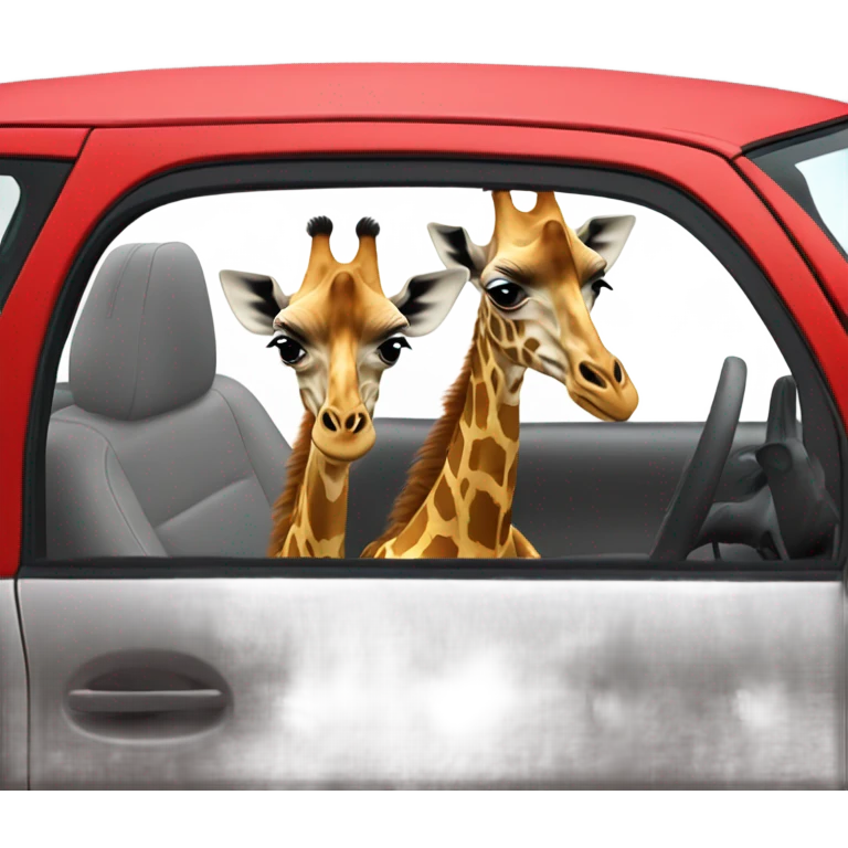 two giraffes driving a red suzuki swift car emoji