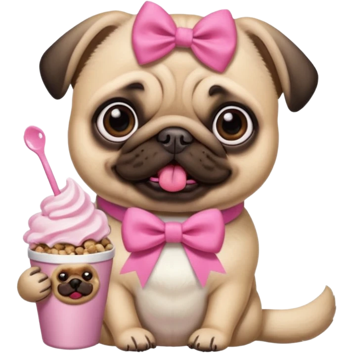 Pug com laço Rosa comendo ração  com chantilly Rosa emoji
