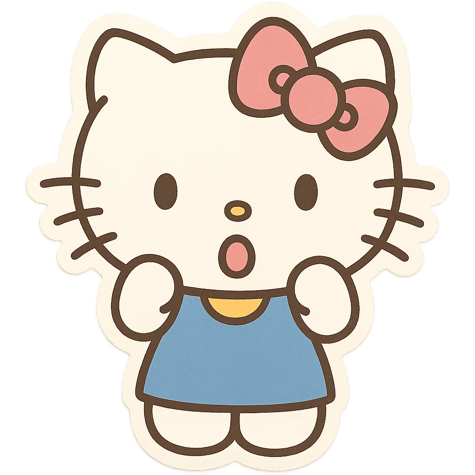hello kitty emoji style, normal white head, pink bow, surprised expression, blue dress emoji