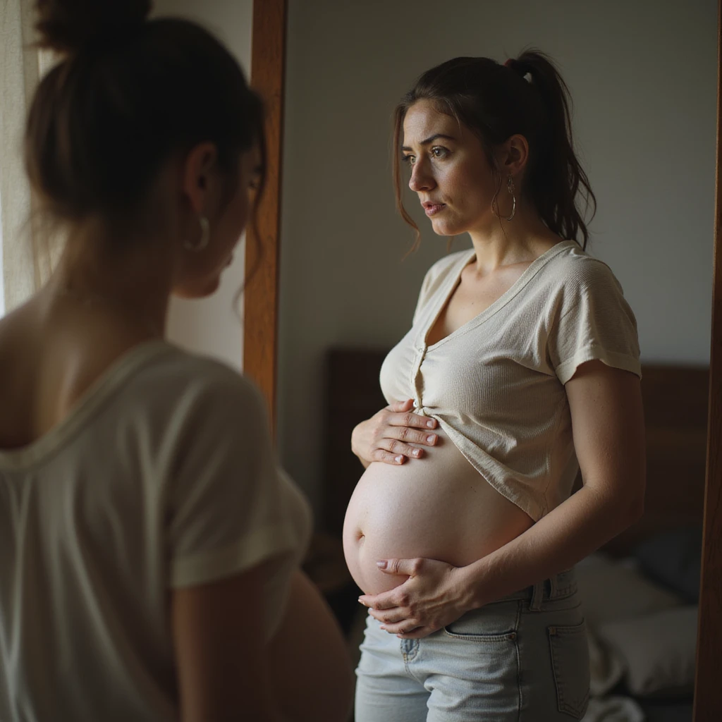 hyperrealistic 4K image of a 35-year-old woman looking at herself in the mirror, touching her belly with a perplexed expression, domestic environment emoji