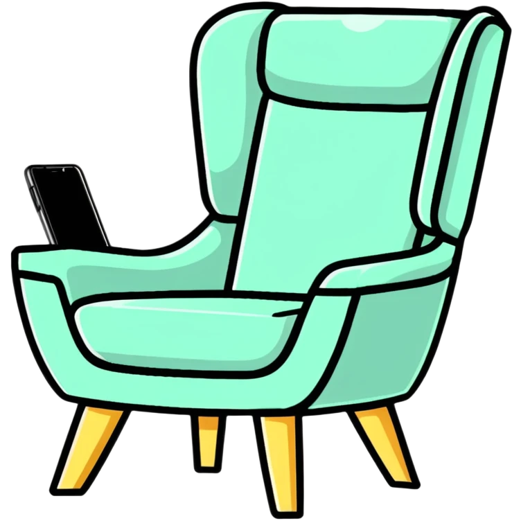angled smartphone in foreground displaying armchair product page, with sparkle effect on the left side emoji