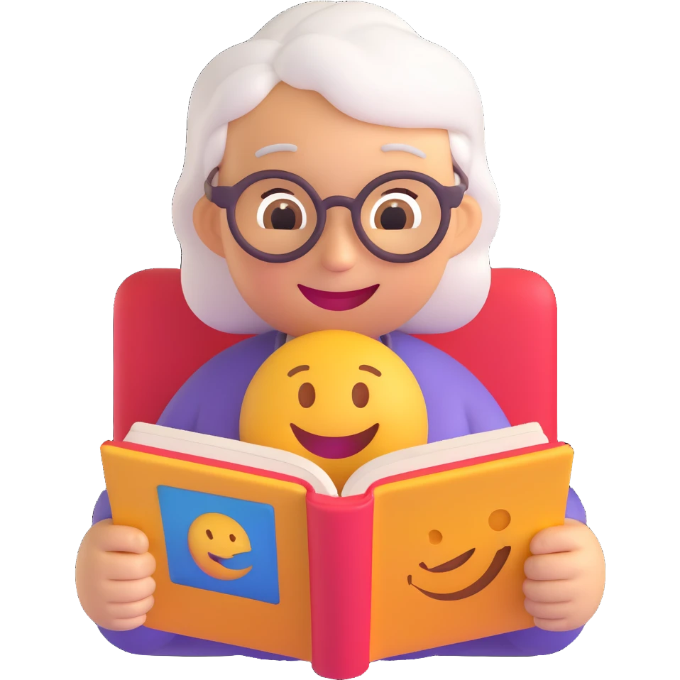 3D smiley emoji, round shape, grandmother reading a story to a grandchild, pink color, smiling face emoji