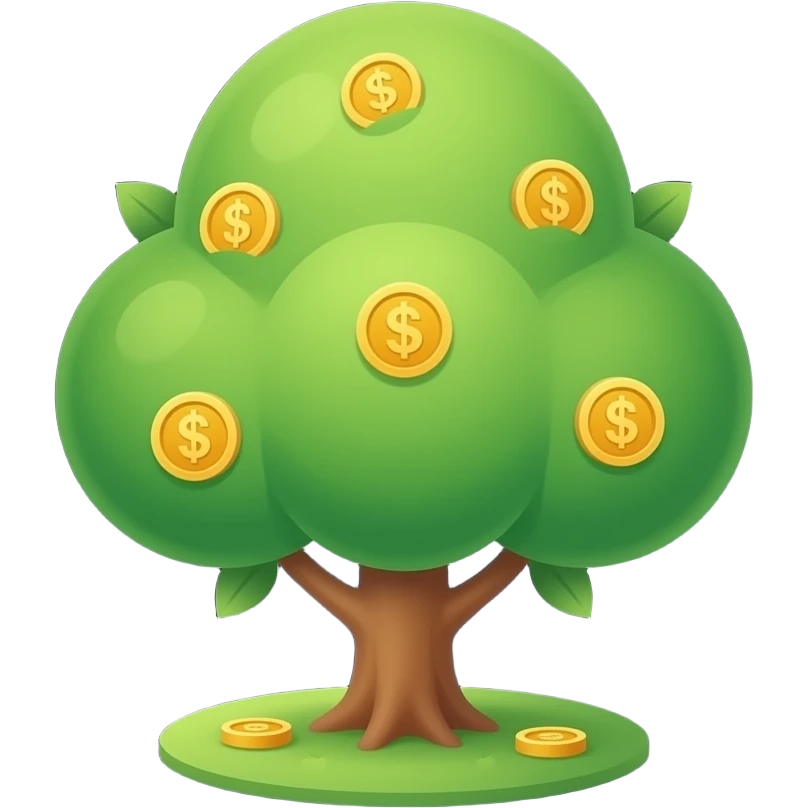 Apple-style money tree, round soft green canopy. No pot, no ground — only the tree. Small gold coins as fruits inside the leaves. Flat 2D vector, clean shapes, no gradients. Dark near-black background, premium fintech icon. emoji