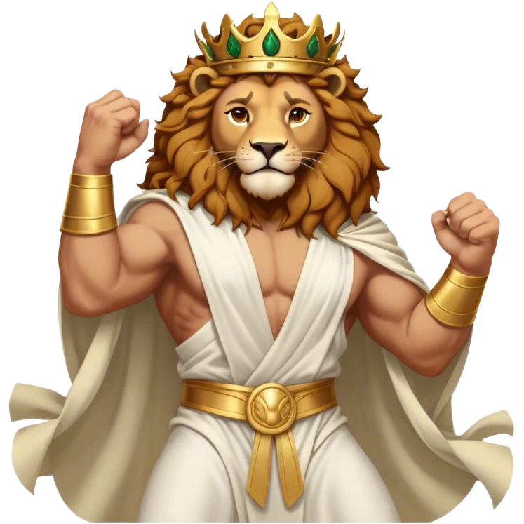Cinematic Realistic Hercules Portrait, captured in a dramatic lion-wrestling pose that epitomizes raw, heroic strength. His light tan, athletic skin and thick, curly, golden brown hair are showcased as he grapples with a majestic lion, his refined face reminiscent of Michelangelo's David marked by noble determination. Draped in a flowing white robe with understated golden accents and crowned with a classic Greek laurel wreath, dynamic natural lighting accentuates every muscular contour and fierce, commanding expression, embodying the essence of ancient valor. emoji