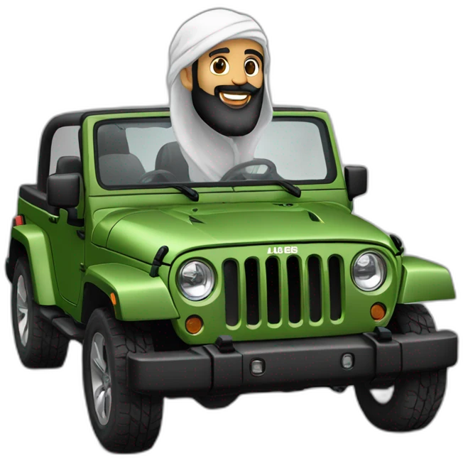 arab bald man with long black beard riding black Jeep jk emoji