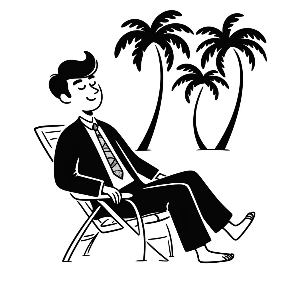 hand-drawn blonde man in business suit sitting on beach chair with palm trees, on vacation emoji