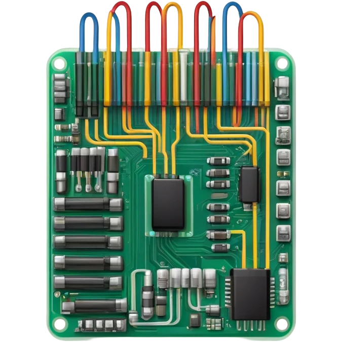 An icon featuring a circuit board, electrical wires, symbolizing electrical engineering. The design includes resistors, capacitors, and a power transformer, representing the study of electrical systems and innovation. Transparent background highlights modern electrical technology emoji