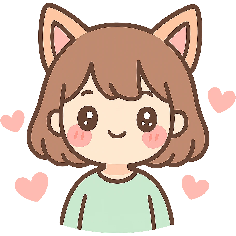 kawaii-style human with fox ears, blushing, surrounded by hearts emoji