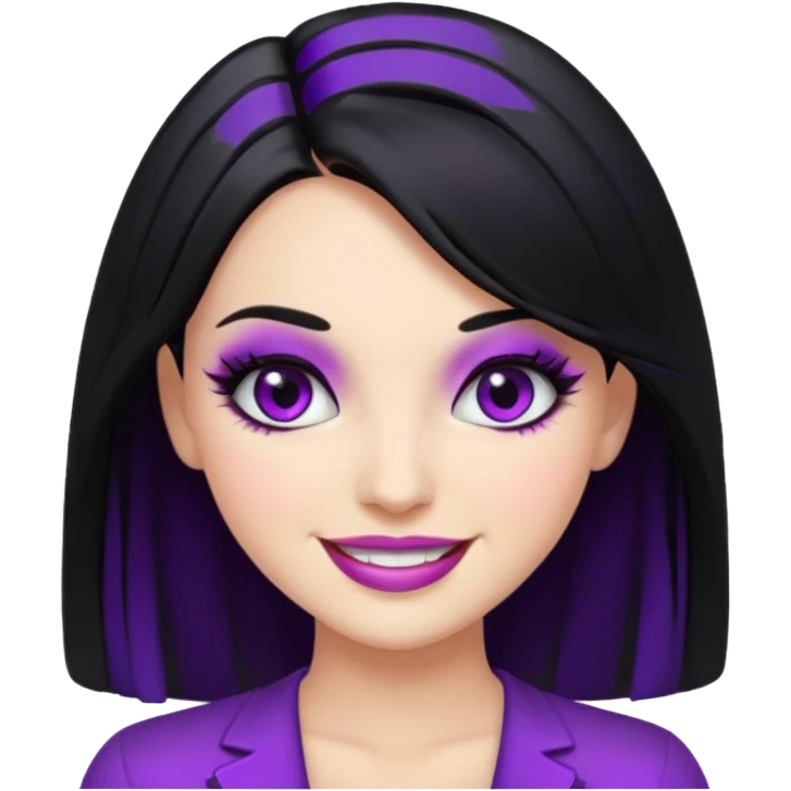 “Emoji girl, femme fatale, black hair. deep purples emoji