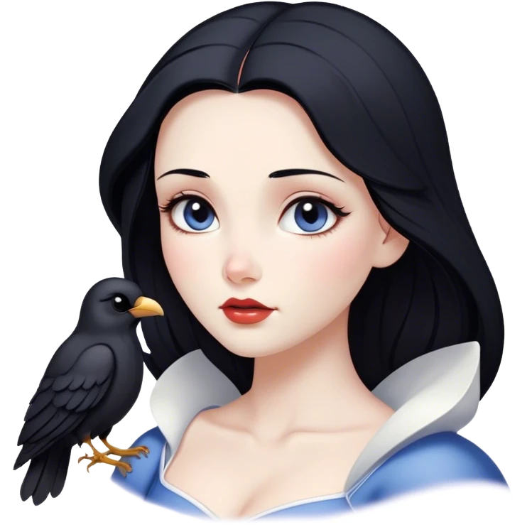 Cinematic Serene Snow White Portrait Emoji, rendered in a simplified vector style. Depict a gentle Snow White (chest and above) with flawless porcelain skin and flowing raven hair, her kind eyes and calm expression exuding a quiet, enchanting charm. The image glows softly with an inviting, pure light and is outlined with a subtle glow. emoji