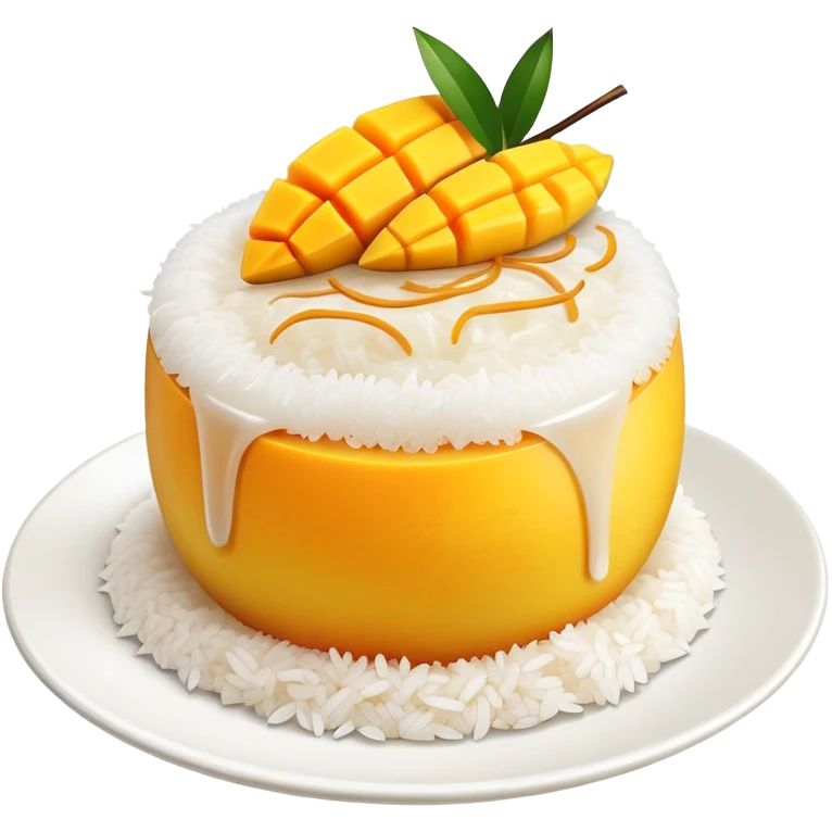 cinematic-realistic-mango-sticky-rice-dessert-emoji,-showcasing-sweet-sticky-rice out of a mould-paired-with-ripe-mango-slices-and-coconut-milk-rendered-with-lifelike-detail-and-warm,-inviting-lighting with the coconut  milk over the rice emoji