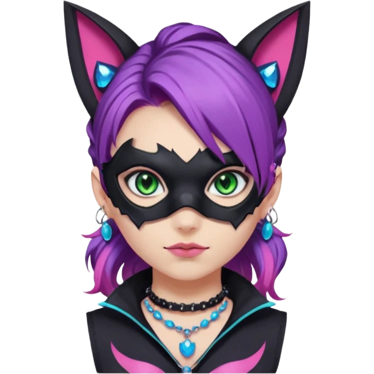 Girl with green eyes, wearing a bat mask with pink stones around her eyes, her hair tied in a ponytail, the hair is purple with blue and pink streaks, with black cat ears with pink stones around, wearing a black shirt that covers the neck, and a sleeveless blue jacket, and a necklace of pink stones emoji