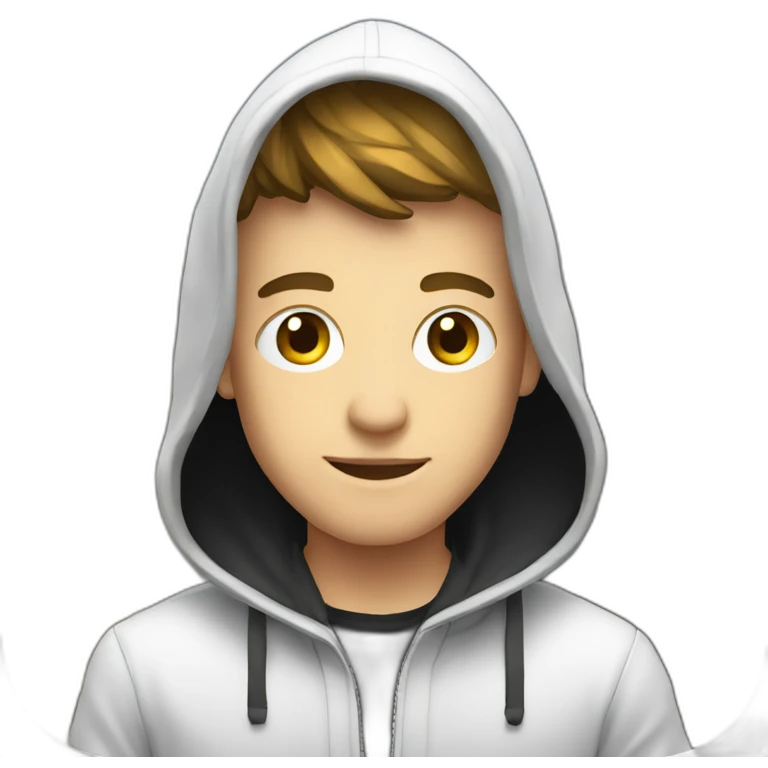 Young white developer with a black hood behind his laptop on a desktop emoji