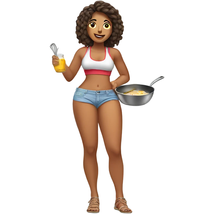 Peruvian female in booty shorts cooking breakfast emoji