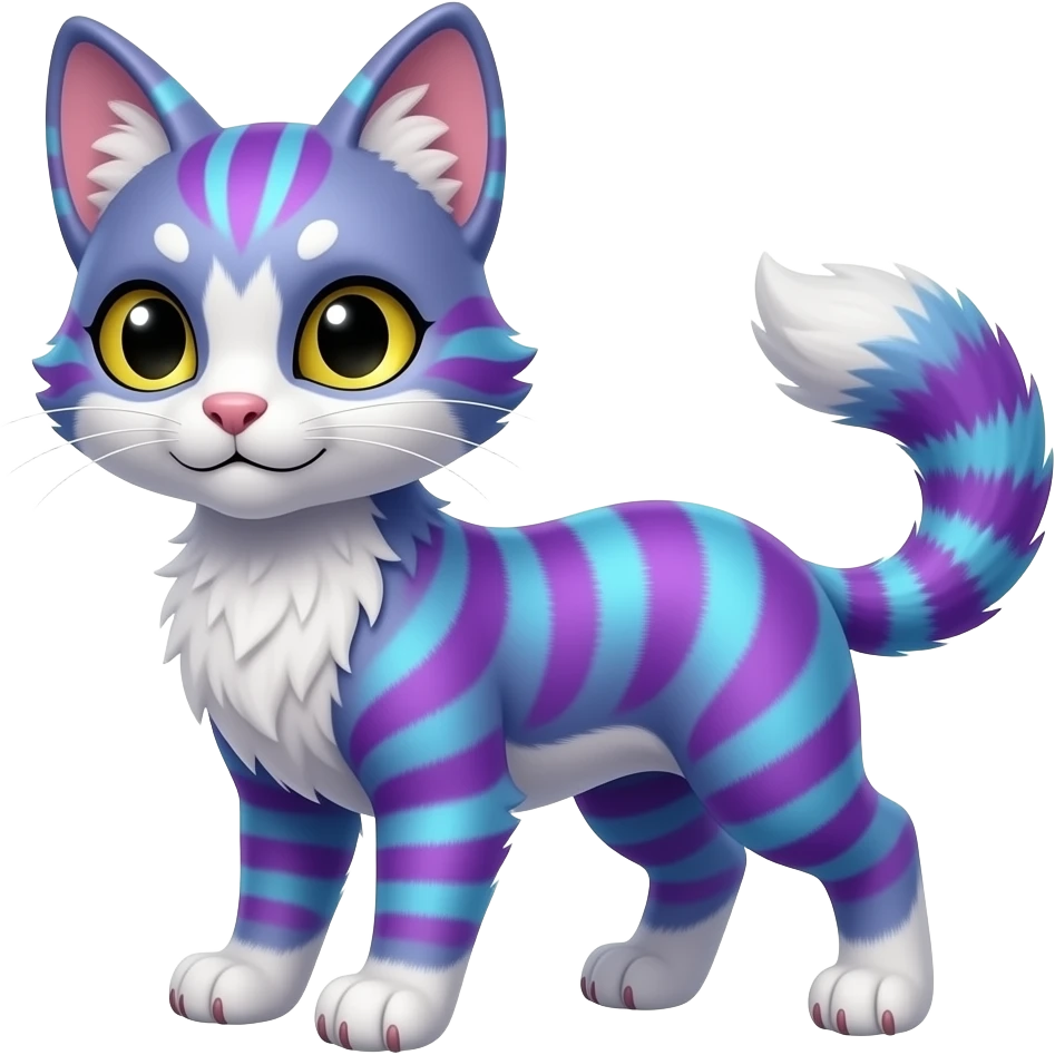 Colorful vernid fantasy creature LiLaiRa Kamirah Falvie whiskers paws full body purple blue gradient stripes tufted tail feline emoji