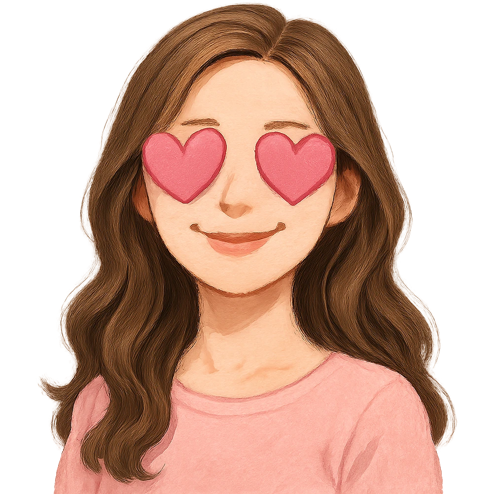 A white Barbie girl with long dark brown wavy hair in pale pink clothes has pale pink hearts instead of eyes emoji