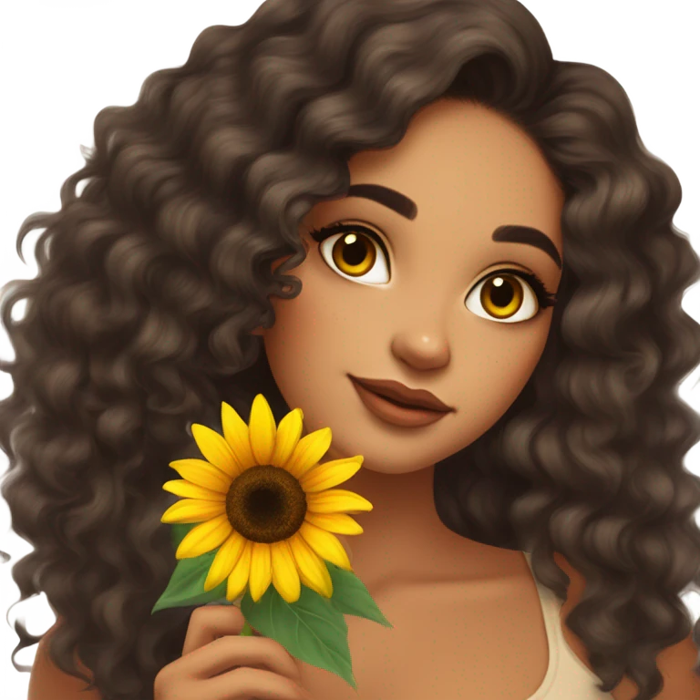 Pretty tan skin Latina with long dark curly hair . Very pretty cat eye makeup . Shes holding a sunflower in her hand  emoji