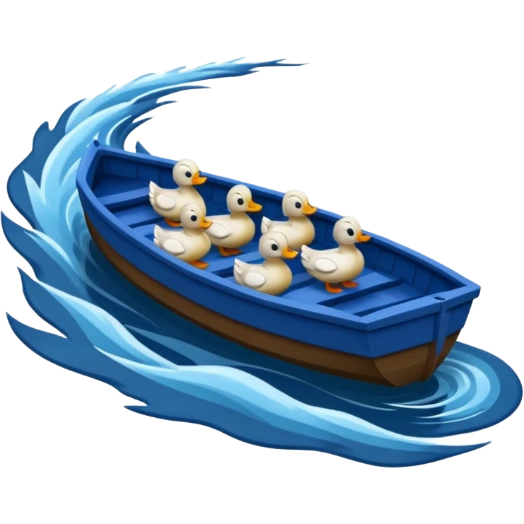 رودخانه ی خروشانی که به آن آفتاب نیتابد و در آن اردک ها و قایقی به رنگ آبی شنا میکنند emoji