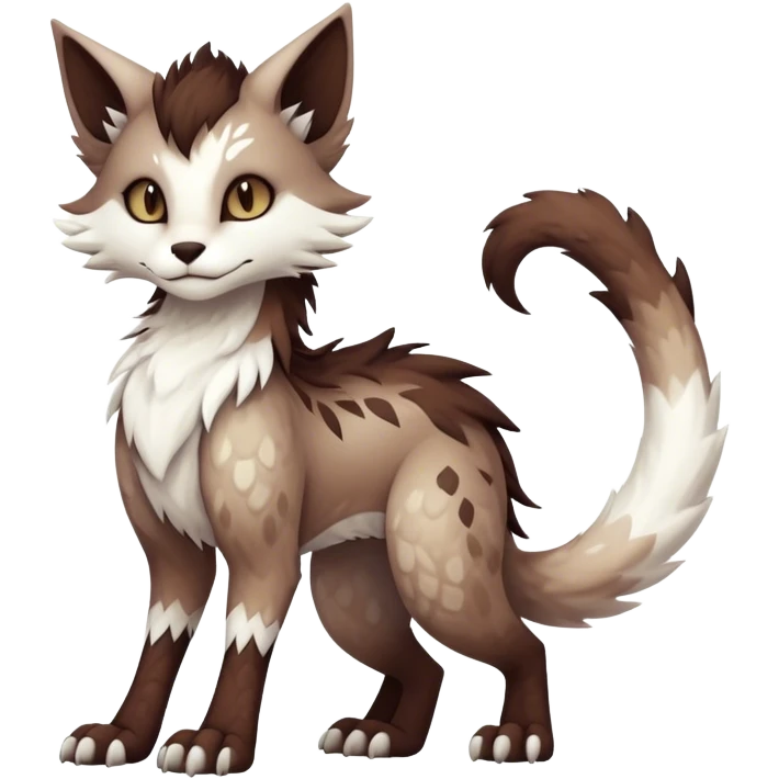 Kawaii dark edgy brown beige white fantasy ethereal feline-vernid-sergal-fursona animal creature with a tufted tail full body with intricate markings  emoji