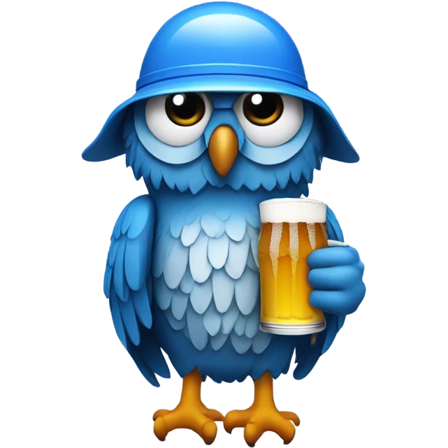 Blue owl wearing a helmet that has drinking straws on the sides to hold beer emoji