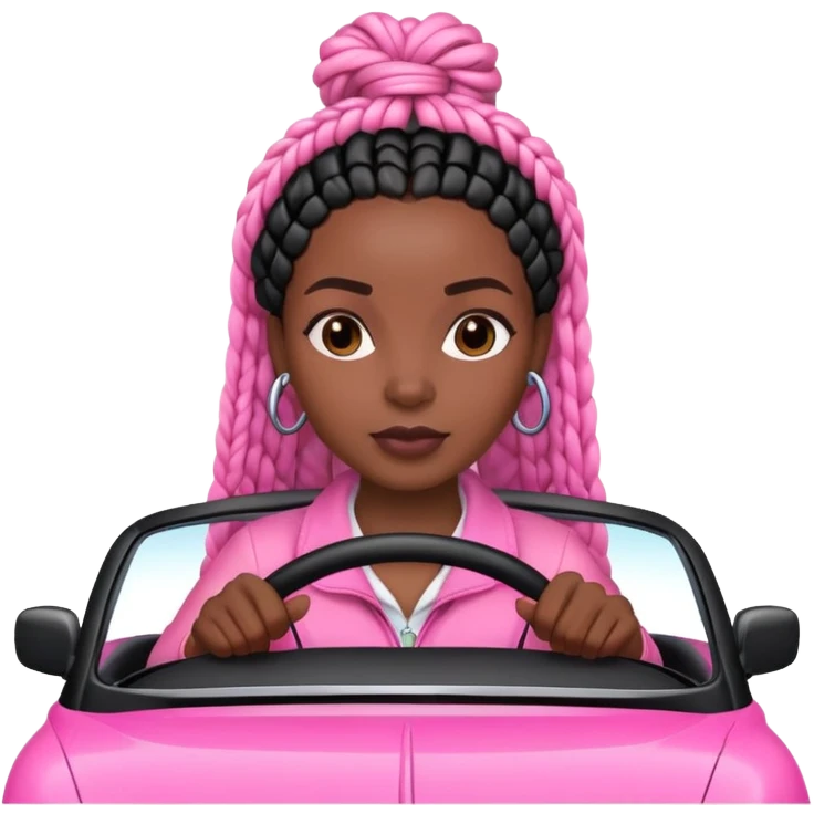 A dark-skinned Black woman with black box braids, driving a pink car emoji