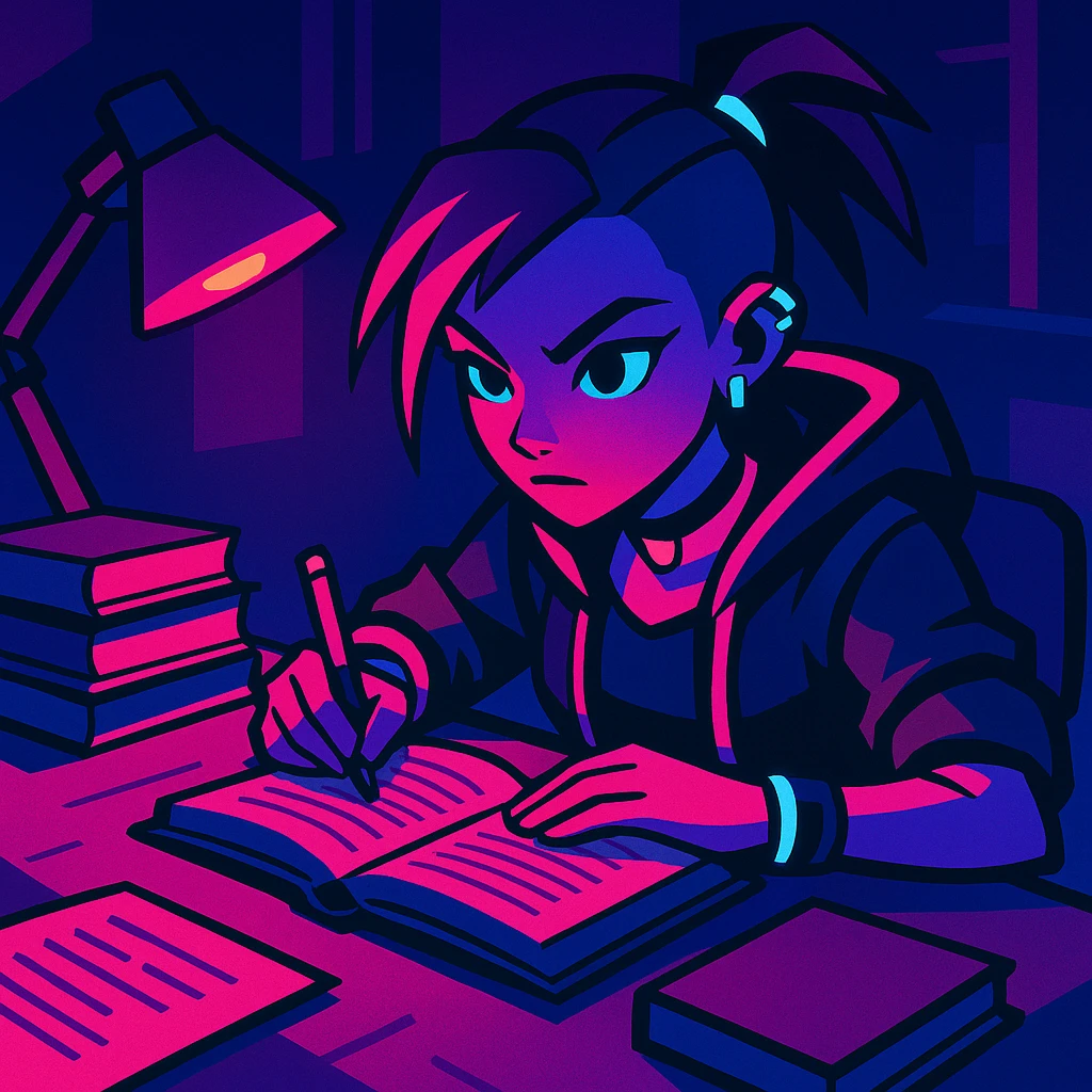 A girl preparing for exams, sitting at a desk with books and notes, looking focused and determined, in a cyberpunk neon style. emoji