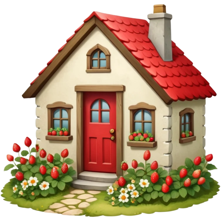Cottagecore style, highly realistic, whimsical cute, vintage vibe, small cottage with a garden full of wild flowers and colorful realistic red strawberries, with a vintage antique door. Still life design. emoji
