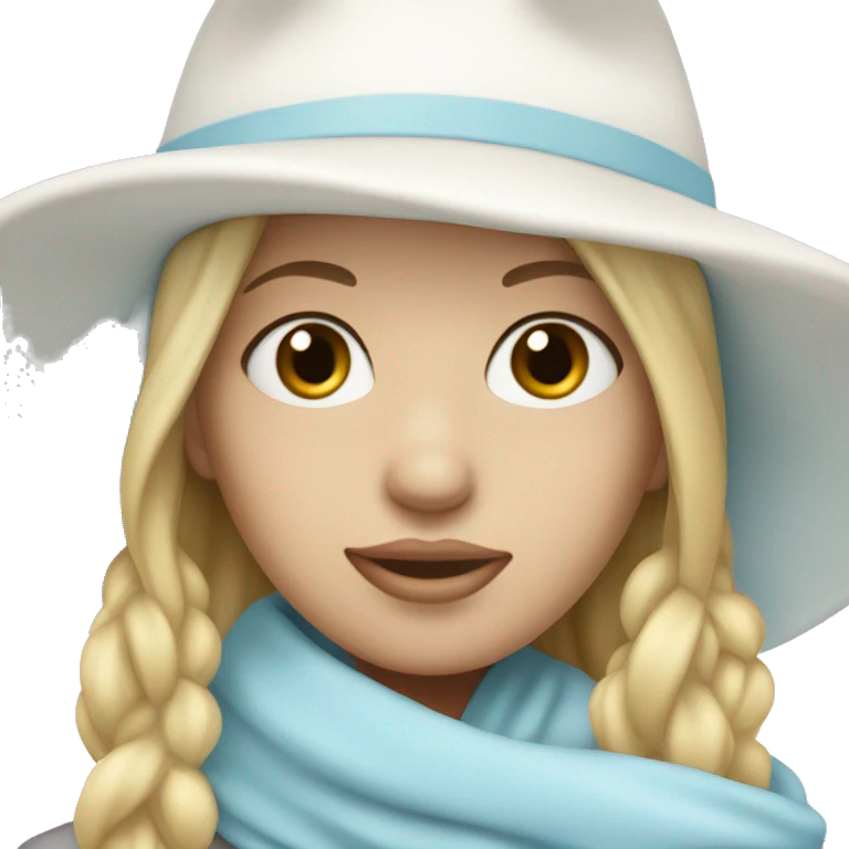 blonde girl in a white hat and pastel blue scarf covering half of her face emoji