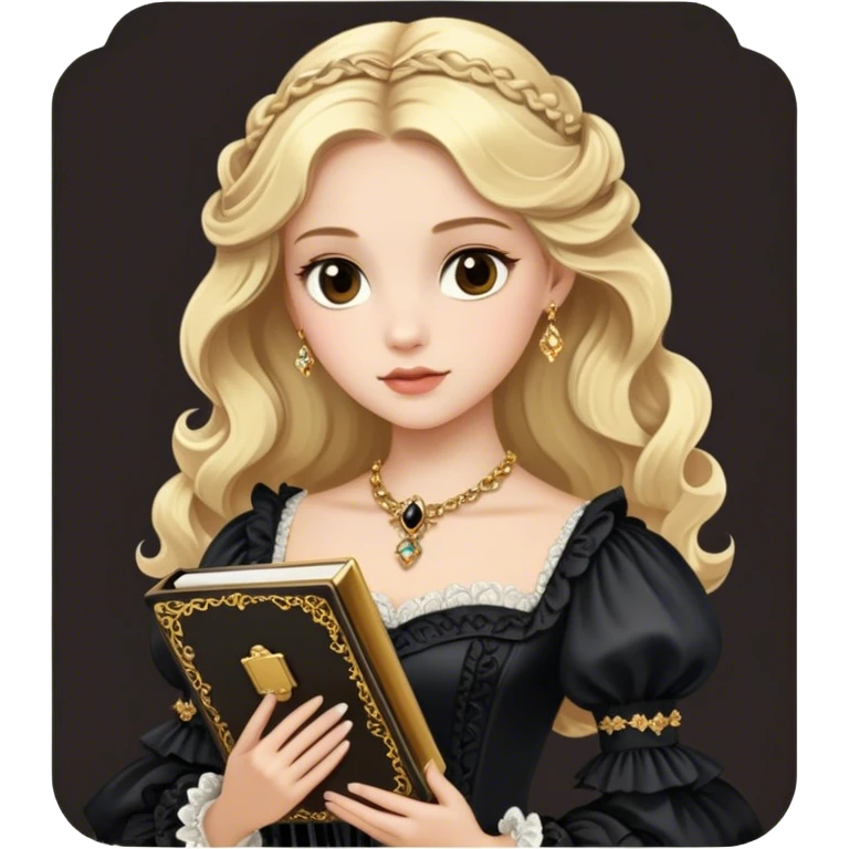 Blonde model with brown eyes wearing a black rococo gown clutching a golden notebook emoji