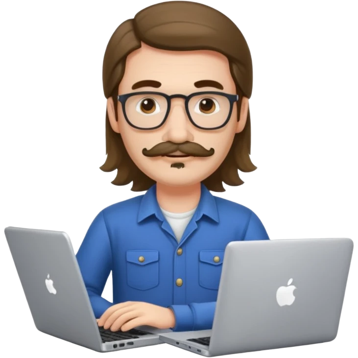 A DEVELOPER WITH A laptop, USING inFORMAL CLOTHES, long hair, mustache emoji