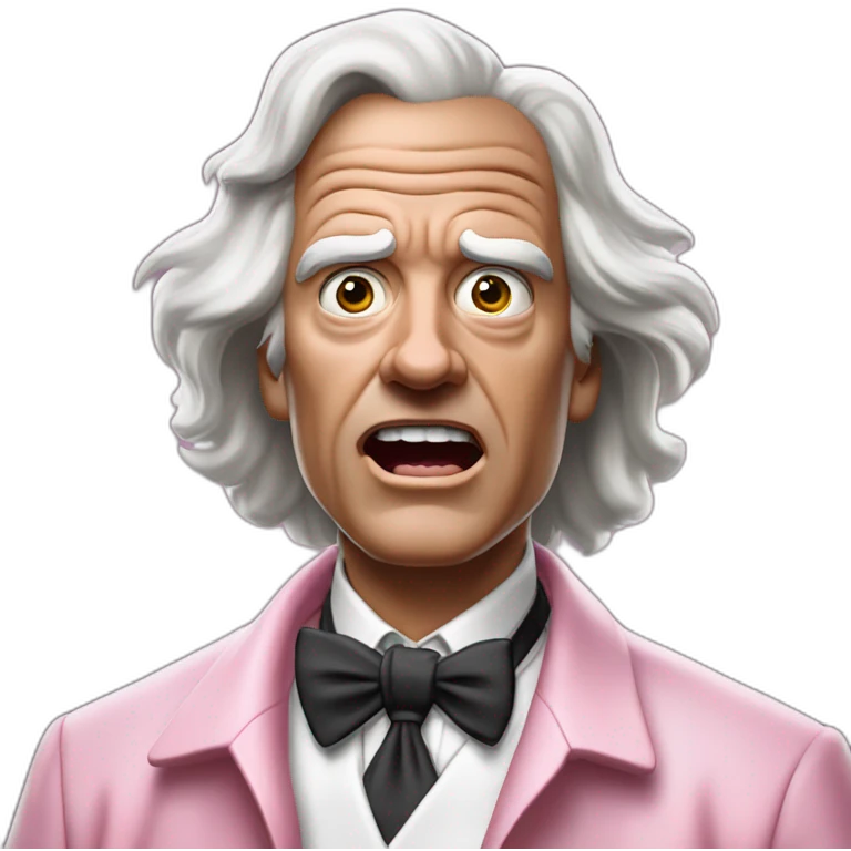 Doc brown from back to the future looking shocked and his mouth wide open. No eye-ware. Wearing a silver robe with black trim over a pink collard shirt with white tie. emoji