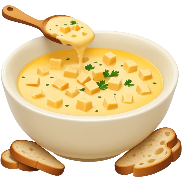 cheese soup with garlic, and cubes of dry dark bread in bowl emoji