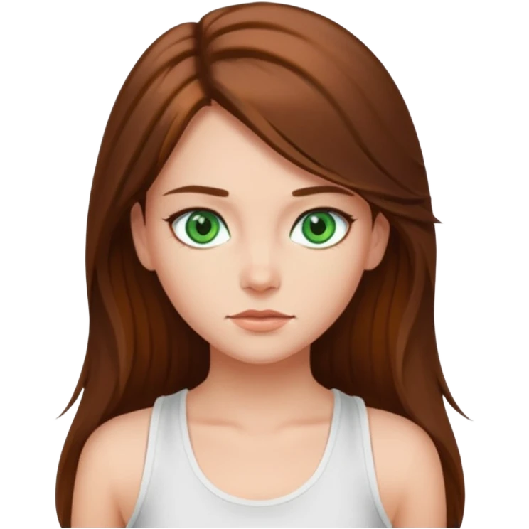 A girl with long brown hair, green eyes, and a white tank top; she doesn't have bangs. emoji