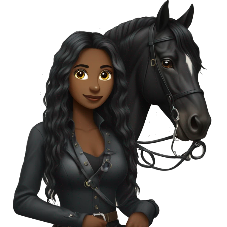 Pretty black equestrian woman long hair holding black stallion reins emoji