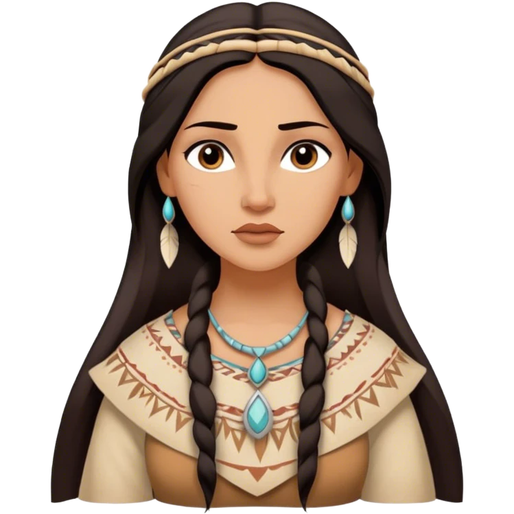 Cinematic Timeless Pocahontas Portrait Emoji, rendered in a realistic, vector style. Depict Pocahontas with warm, glowing skin, naturally flowing dark hair, and a serene, gentle expression, wearing traditional garments in muted earth tones. The design features bold, clean proportions, a soft, inviting glow, and a subtle glowing outline that captures her enduring natural beauty. emoji
