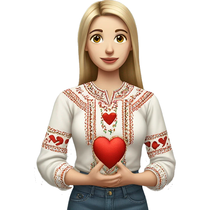 A Ukrainian woman in an embroidered shirt holds a heart in her hands emoji