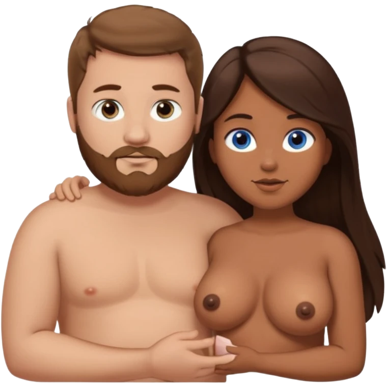 chubby white guy with brown hair and beard and blue eyes, holding a brown girl with long dark hair and dark brown eyes in arms, naked, showing tits emoji