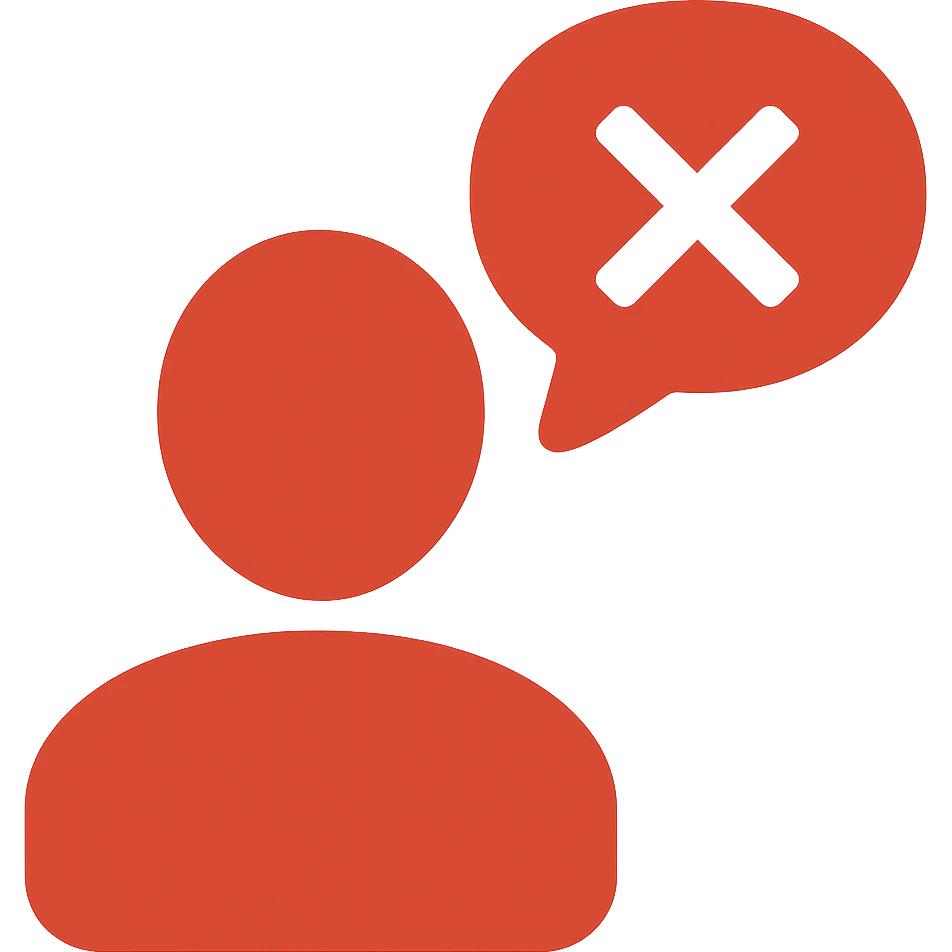 Disengaged user silhouette with a crossed-out chat bubble in flat color icon style, red color variation, no background. emoji
